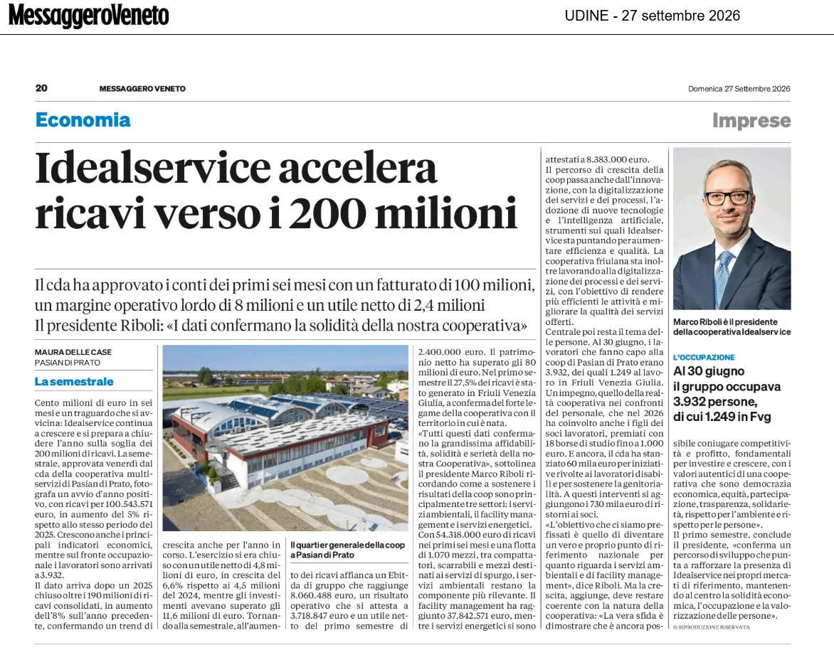 Idealservice cresce: oltre 100 milioni di euro di ricavi nel primo semestre 2026